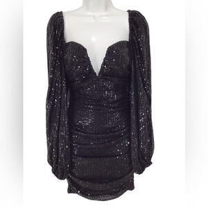 Lady Voxy Black V Neck Sequin Ruched Long Sleeve Mini Dress